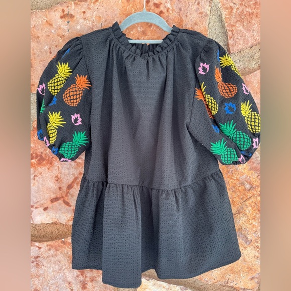 White textured fruit dolce pineapple ruffle bubble sleeve tunic top blouse - Picture 7 of 12